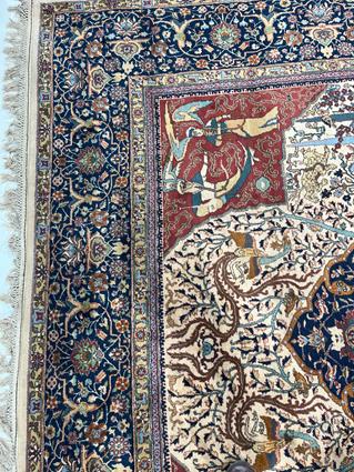 AN UNUSUAL INDIAN CARPET C.1960 the ivory field with trees, vines and mythological animals around - Image 6 of 18
