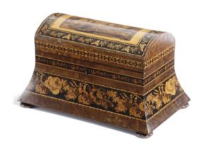 A VICTORIAN TUNBRIDGE WARE TEA CADDY C.1870 in Hungarian ash, the domed cover with a mosaic view