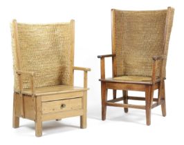 TWO PINE ORKNEY ISLAND ARMCHAIRS LATE 19TH / EARLY 20TH CENTURY each with a wicker wrap around back,
