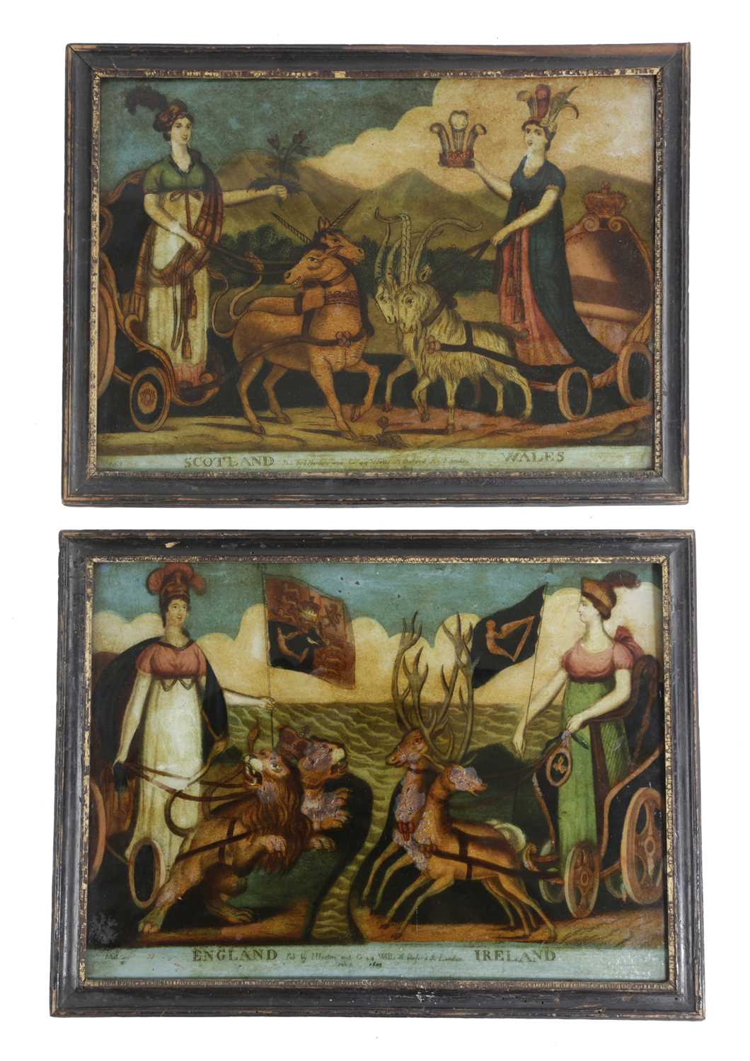 A PAIR OF GEORGE III REVERSE GLASS PRINTS EARLY 19TH CENTURY titled 'England Ireland' and '