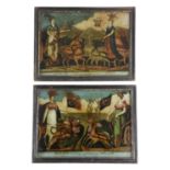 A PAIR OF GEORGE III REVERSE GLASS PRINTS EARLY 19TH CENTURY titled 'England Ireland' and '