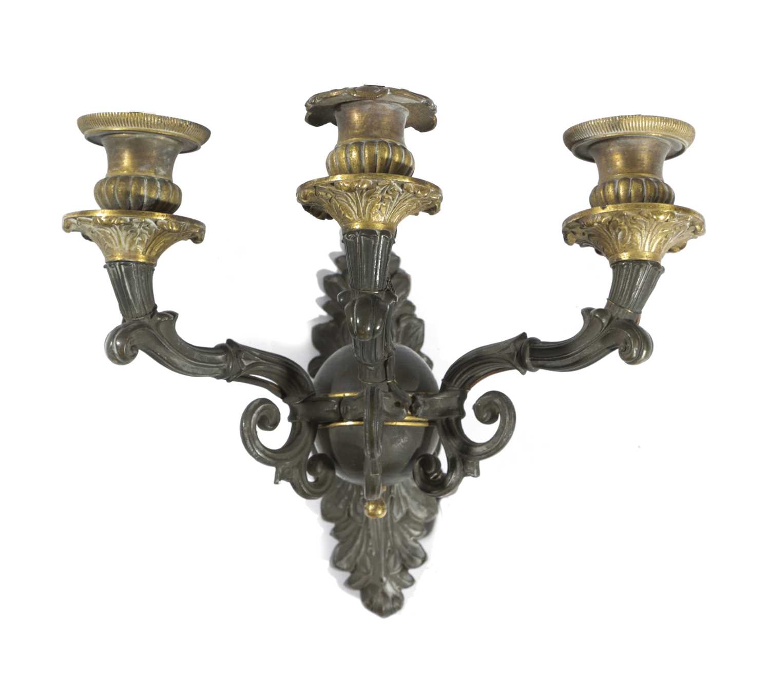 A PAIR OF FRENCH CHARLES X BRONZE THREE BRANCH WALL LIGHTS EARLY 19TH CENTURY the gilt bronze urn