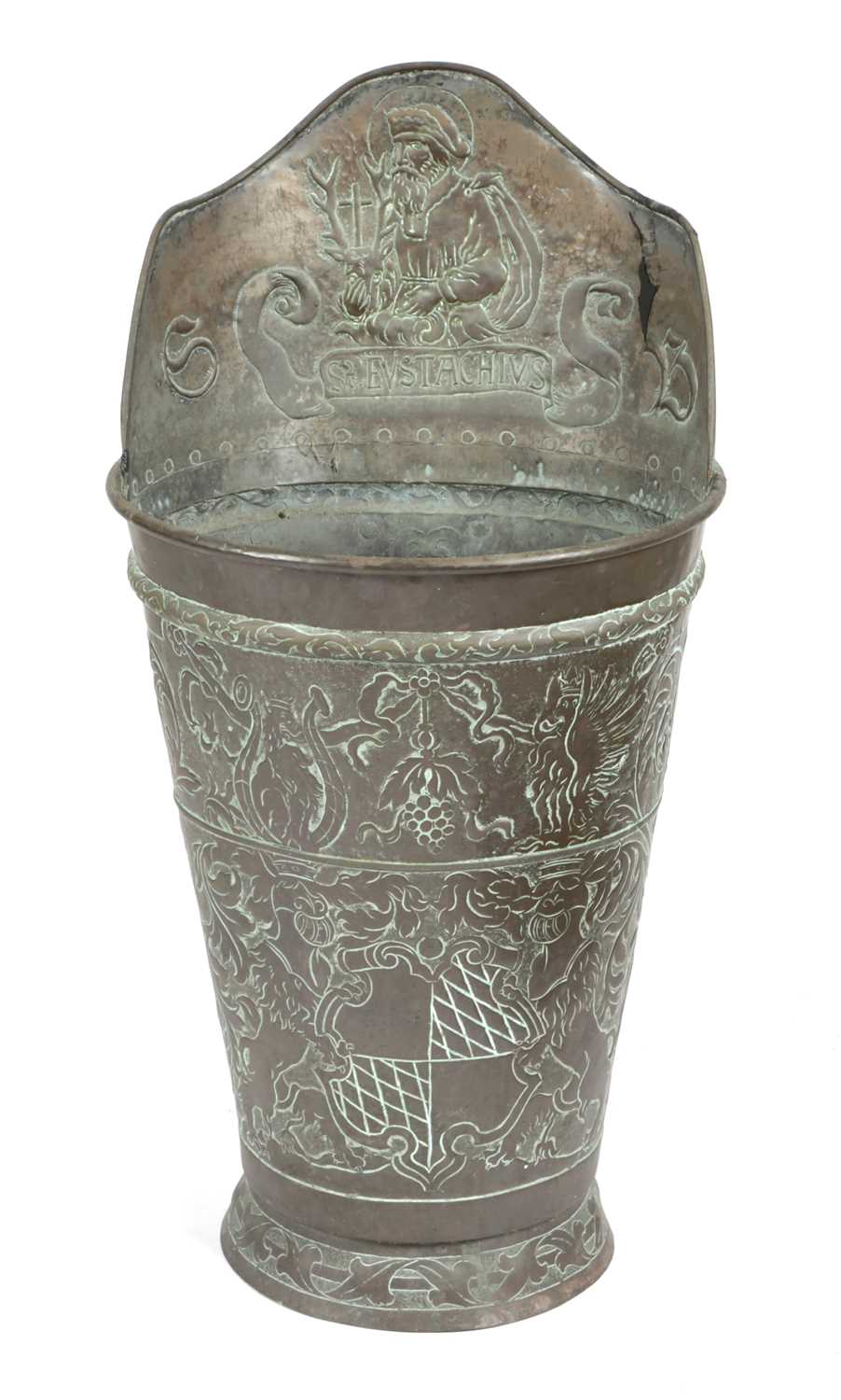 A DUTCH COPPER GRAPE HOD LATE 19TH CENTURY repoussé decorated with a coat of arms, scrolling
