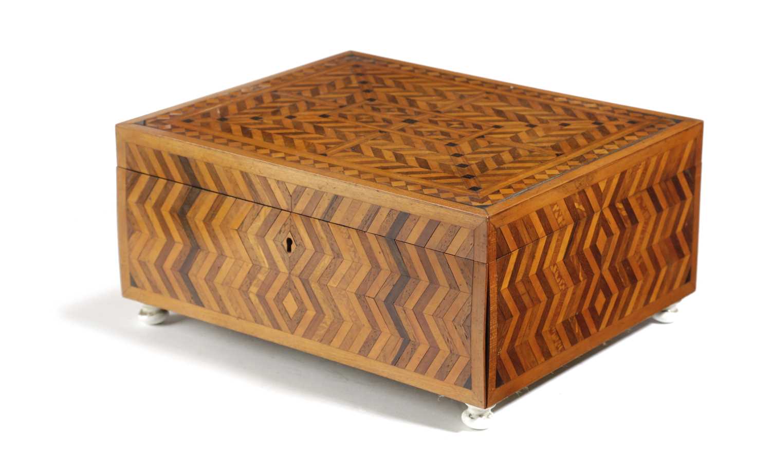 A VICTORIAN PARQUETRY SPECIMEN WOOD BOX DATED 1878 with overall geometric decoration, the interior - Image 3 of 3