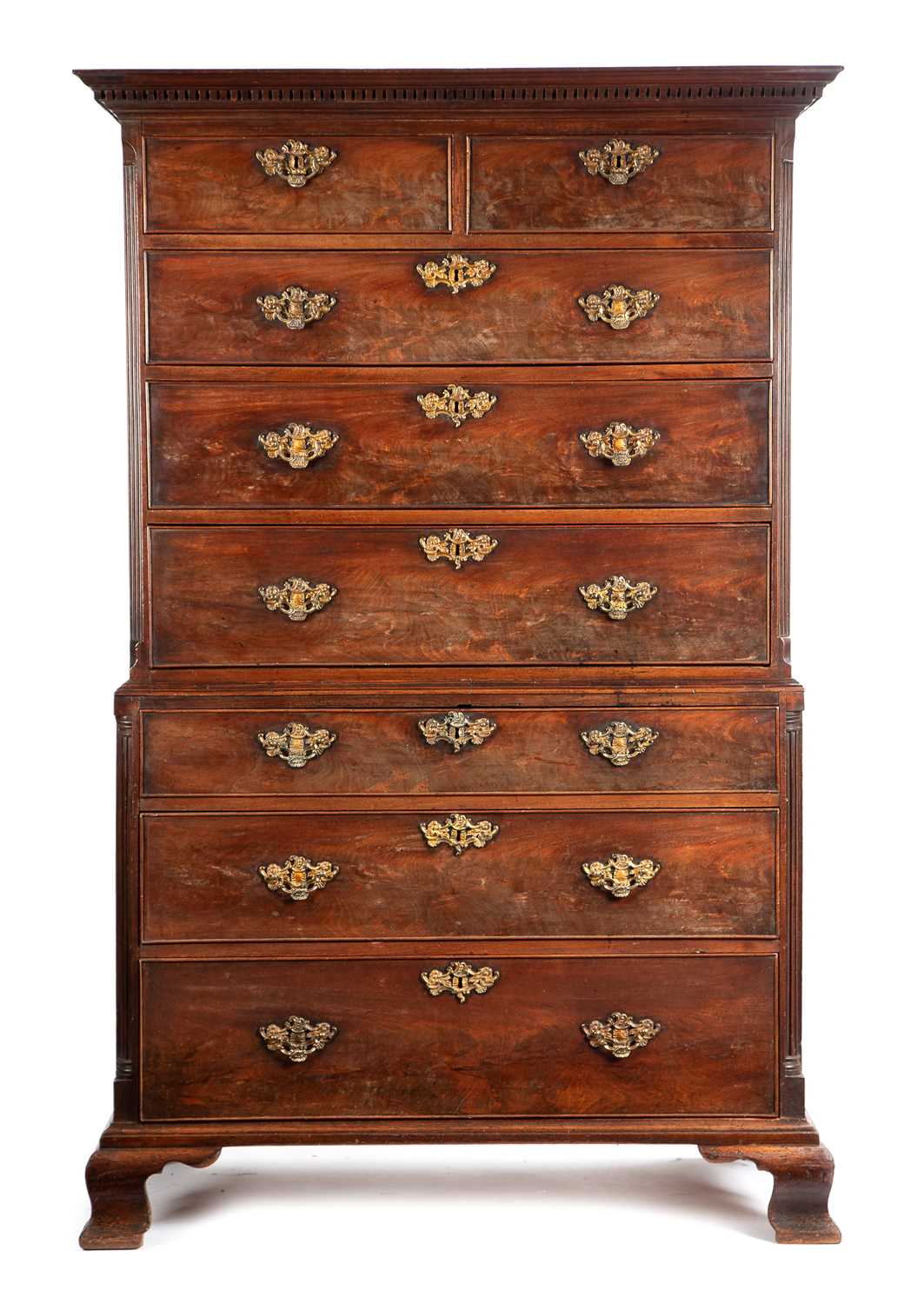 AN EARLY GEORGE III MAHOGANY SECRETAIRE CHEST ON CHEST C.1770 with a dentil cornice above two