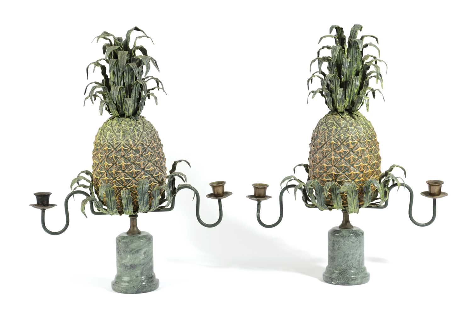 A PAIR OF TOLE PEINTE PINEAPPLE CANDELABRA 20TH CENTURY each with a pair of brass scrolling branches