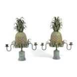 A PAIR OF TOLE PEINTE PINEAPPLE CANDELABRA 20TH CENTURY each with a pair of brass scrolling branches