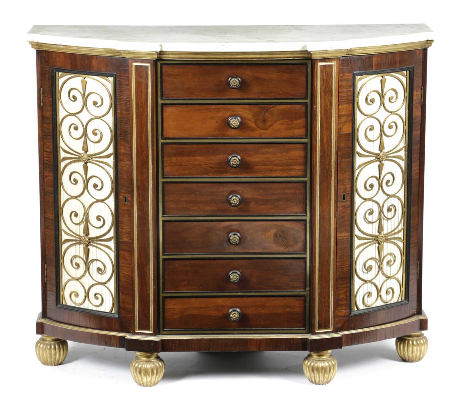 A RARE REGENCY GONCALO ALVES BREAKFRONT SIDE CABINET BY GEORGE BULLOCK, EARLY 19TH CENTURY with