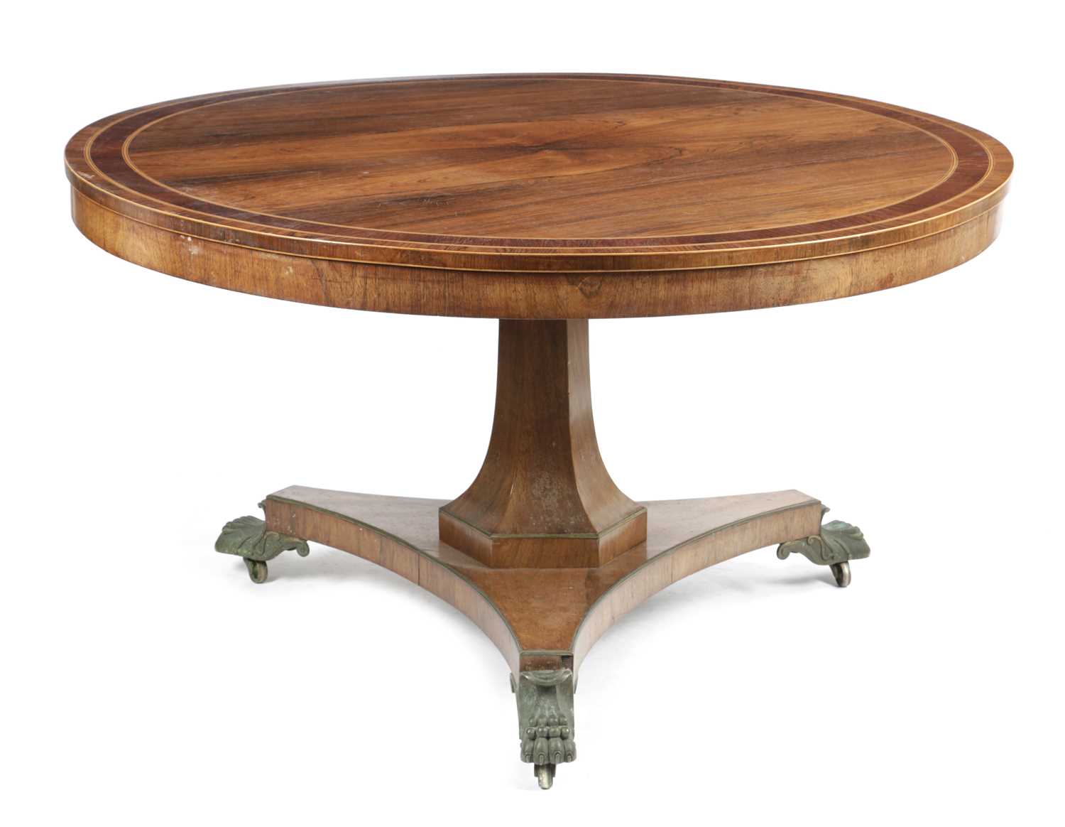 λ A REGENCY ROSEWOOD CENTRE TABLE EARLY 19TH CENTURY the circular tilt-top with partridge wood