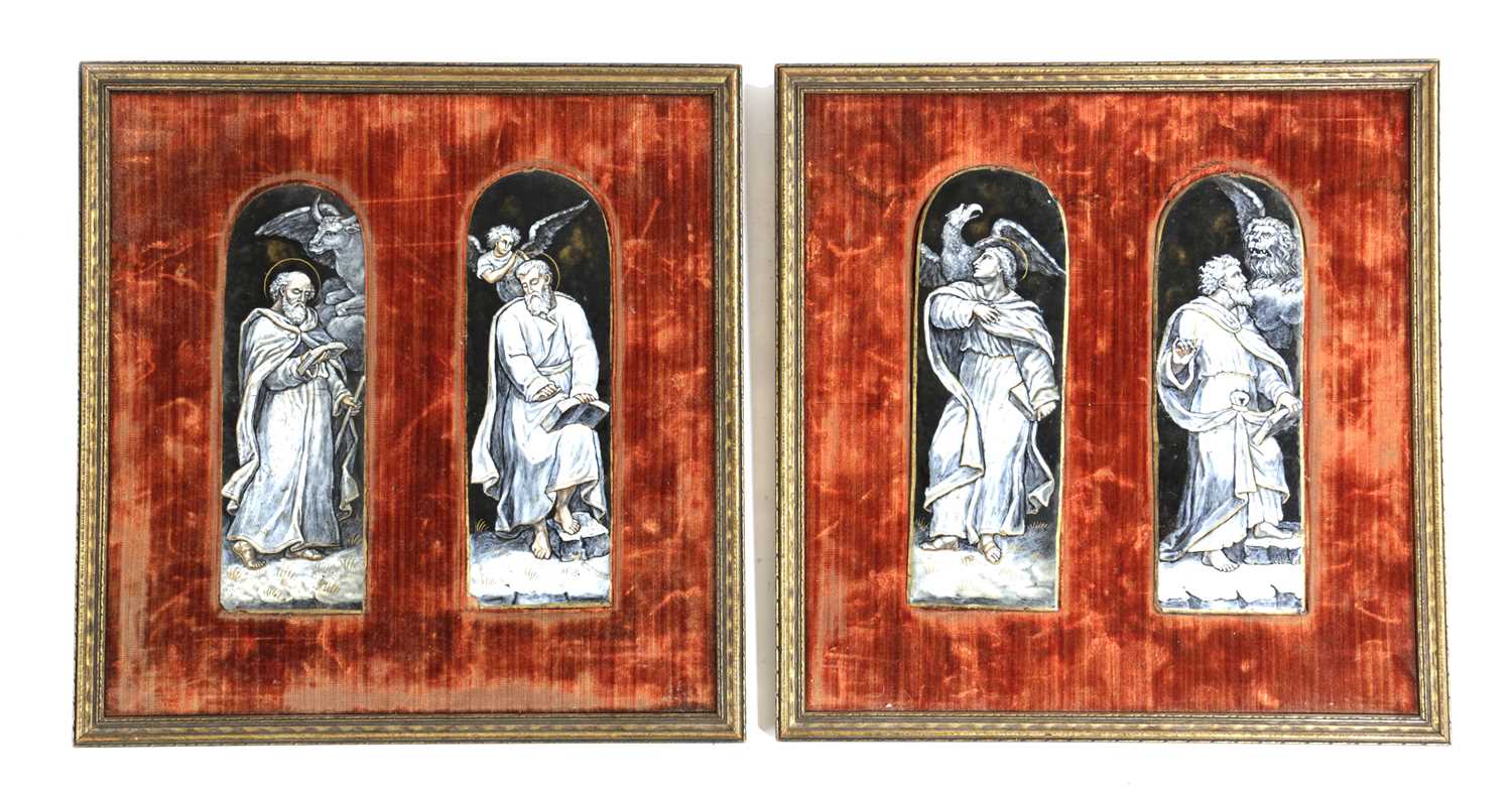 A SET OF FOUR LIMOGES ENAMEL PLAQUES OF THE FOUR EVANGELISTS 19TH CENTURY of arched form,