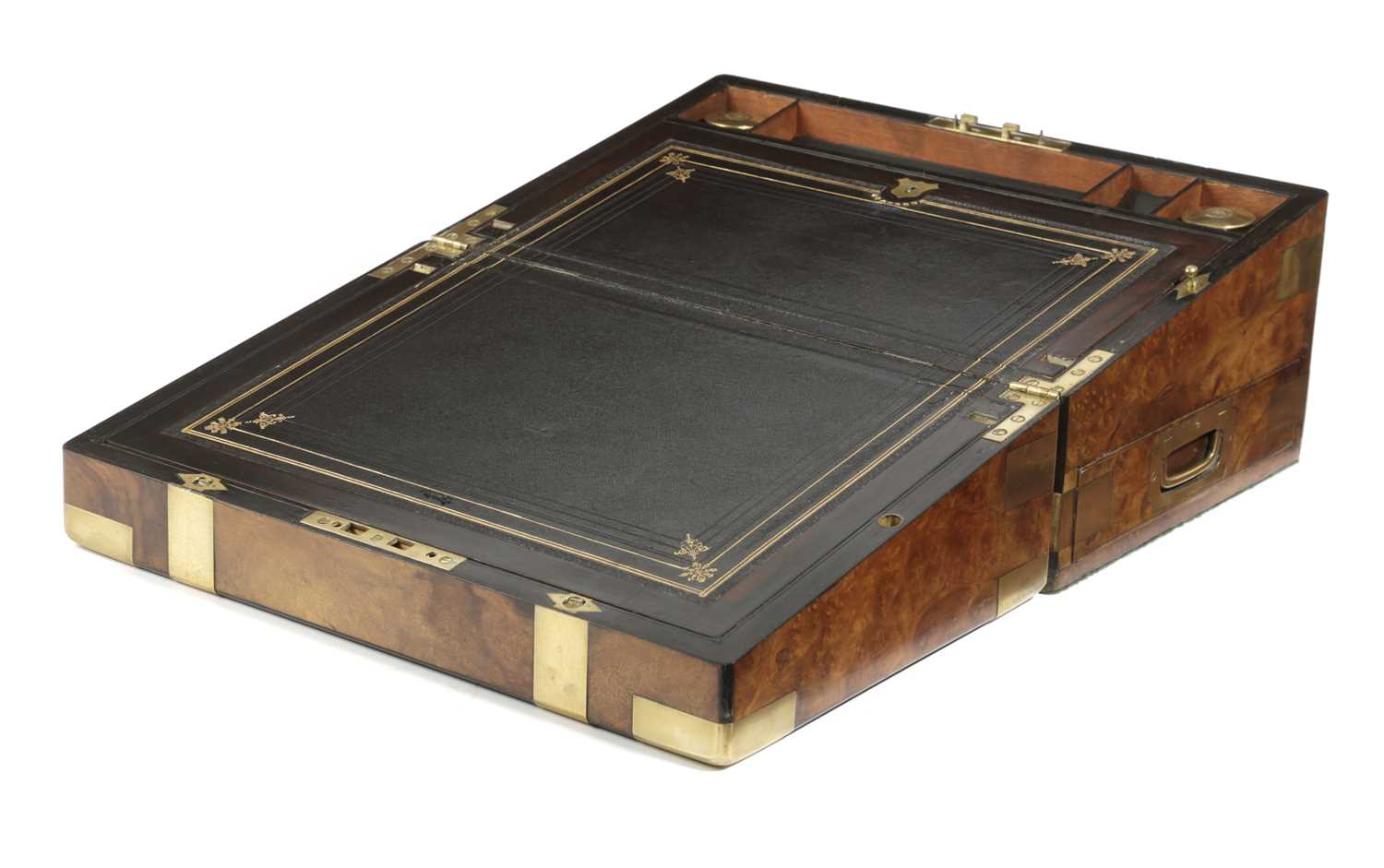 A VICTORIAN WALNUT AND BRASS BOUND WRITING SLOPE IN CAMPAIGN STYLE, MID-19TH CENTURY with brass - Image 3 of 4