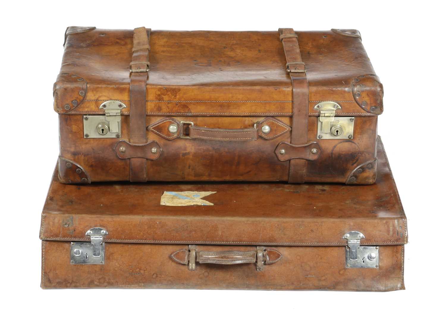 A BROWN LEATHER SUITCASE LATE 19TH / EARLY 20TH CENTURY the lid with initials 'J.P.' with 'Secure