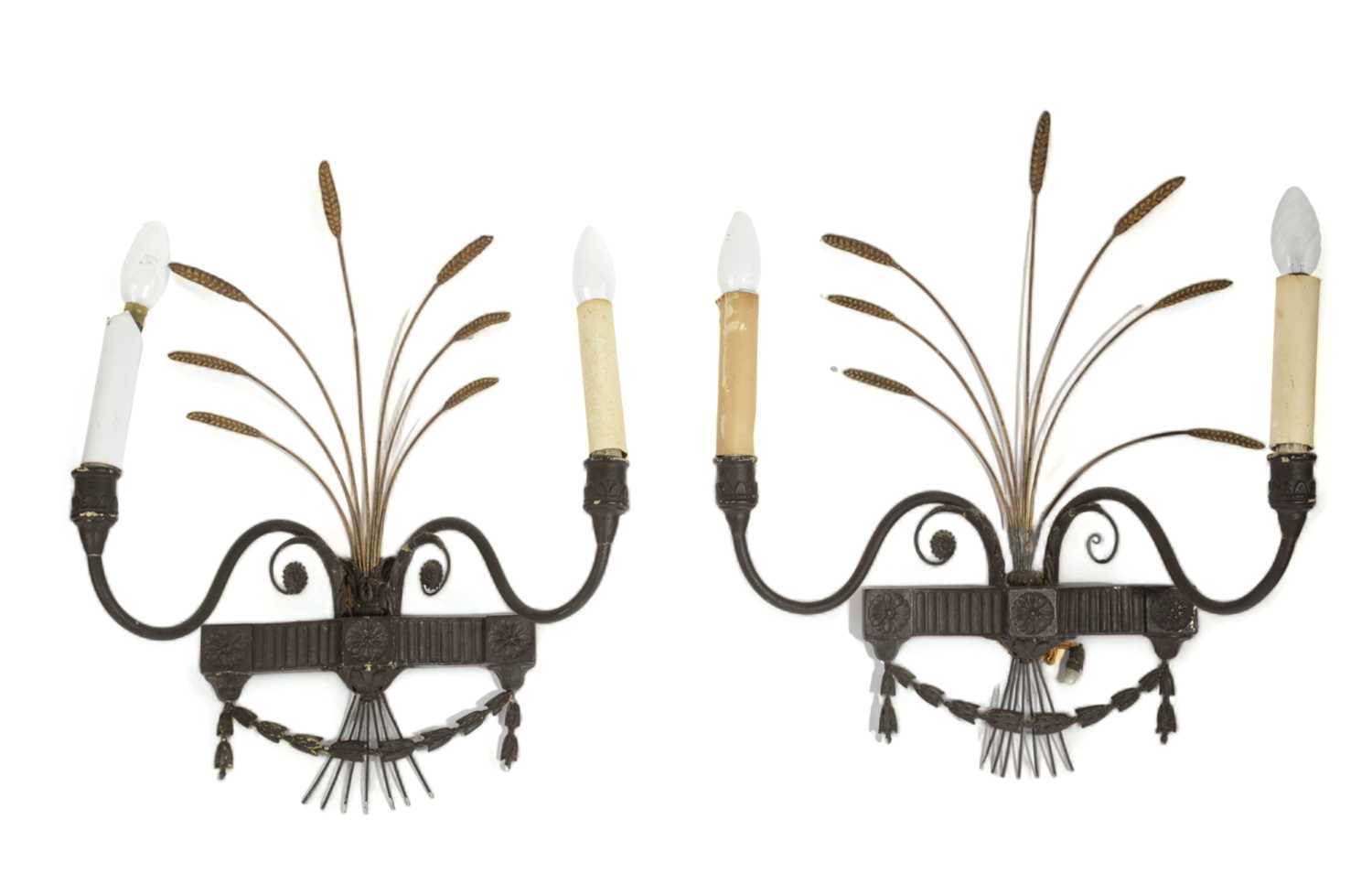 A PAIR TWIN BRANCH 'WHEAT SHEAF' WALL LIGHTS 19TH CENTURY brown painted, each with a pair of