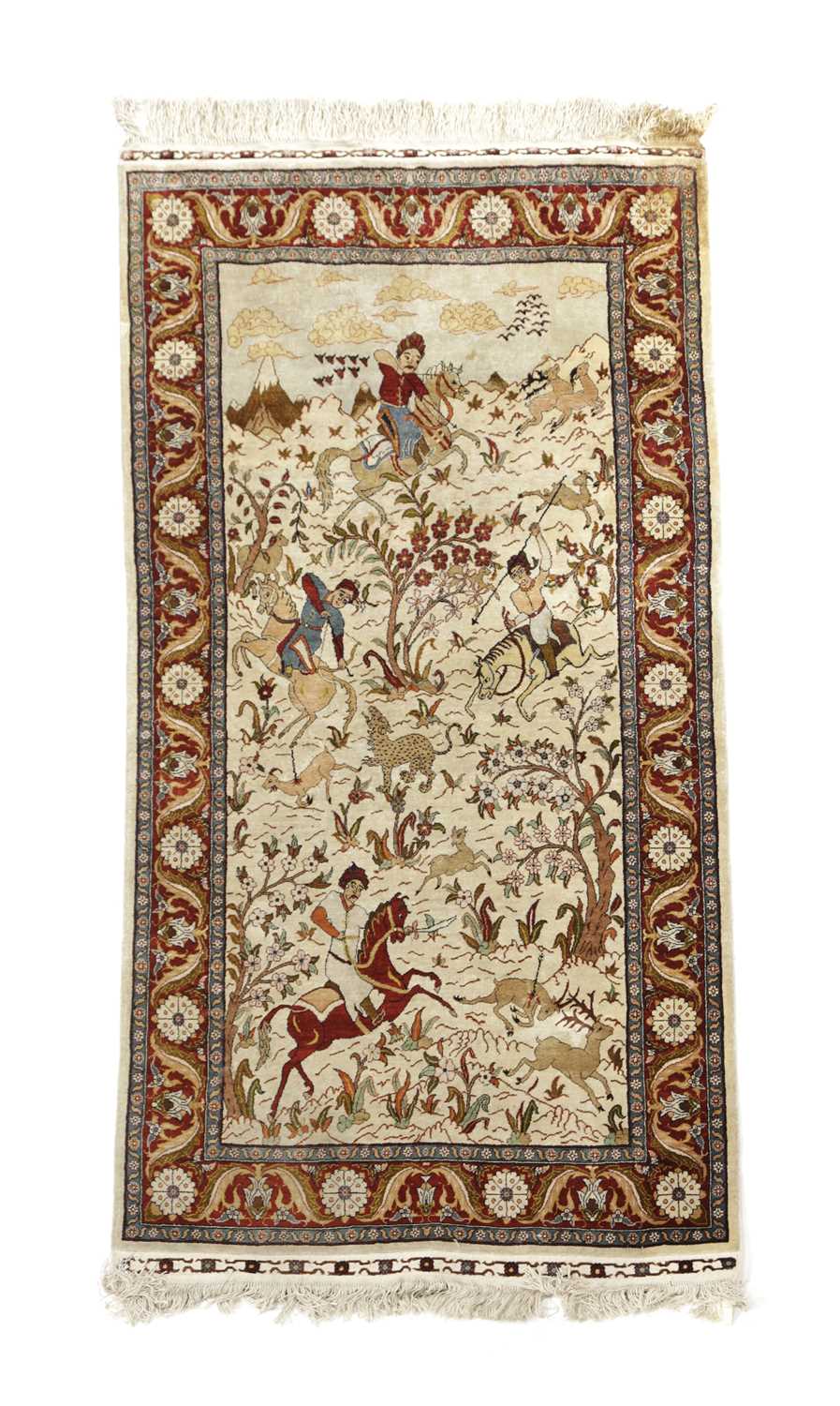 A MODERN SILK HUNTING RUG PROBABLY KAYSERI, CENTRAL ANATOLIA, C.1970 the ivory field depicting a