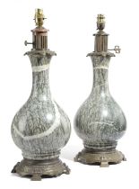 A PAIR OF FRENCH NAPOLEON III GREEN MARBLE TABLE LAMPS C.1850-60 each with a short fluted column