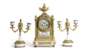 A FRENCH PORCELAIN CLOCK GARNITURE RETAILED BY LEPINE A PARIS, LATE 19TH CENTURY the brass eight day