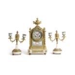 A FRENCH PORCELAIN CLOCK GARNITURE RETAILED BY LEPINE A PARIS, LATE 19TH CENTURY the brass eight day