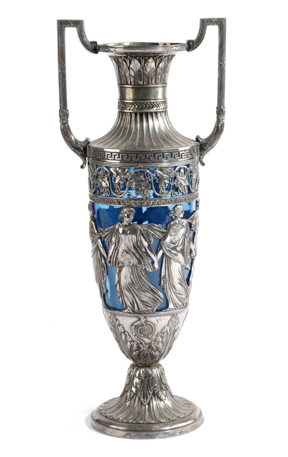 A BLUE GLASS AND SILVER PLATED VASE BY WMF, LATE 19TH CENTURYof two handled amphora form, with a