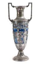 A BLUE GLASS AND SILVER PLATED VASE BY WMF, LATE 19TH CENTURYof two handled amphora form, with a