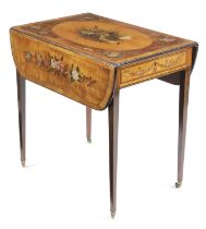 A VICTORIAN PAINTED SATINWOOD PEMBROKE TABLE IN SHERATON STYLE, LATE 19TH CENTURY the top