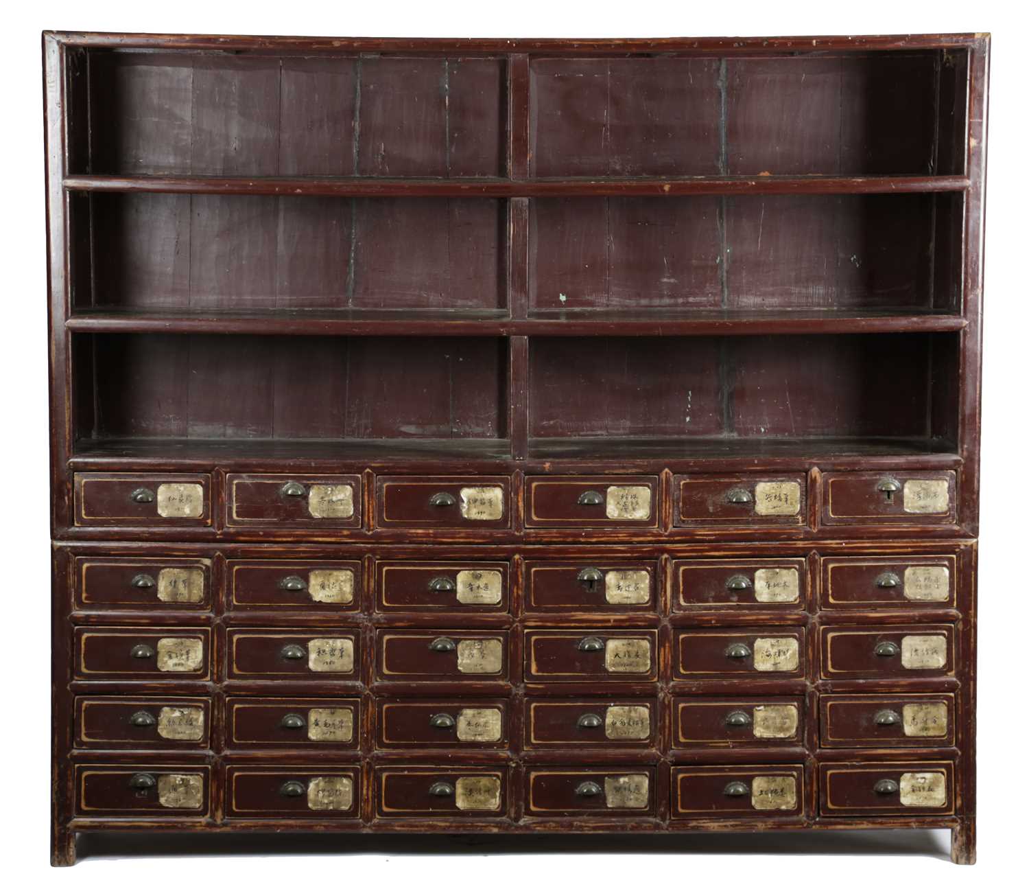 A CHINESE AUBERGINE LACQUER ELM SHOP DISPLAY CABINET LATE 19TH / EARLY 20TH CENTURY the top