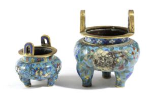 A CHINESE CLOISONNE ENAMEL CENSER POSSIBLY QIANLONG decorated with scrolling foliage beneath a