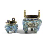 A CHINESE CLOISONNE ENAMEL CENSER POSSIBLY QIANLONG decorated with scrolling foliage beneath a