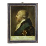 A PAIR OF REVERSE GLASS PORTRAITS OF GEORGE III AND QUEEN CHARLOTTE LATE 18TH CENTURY of 'His Most