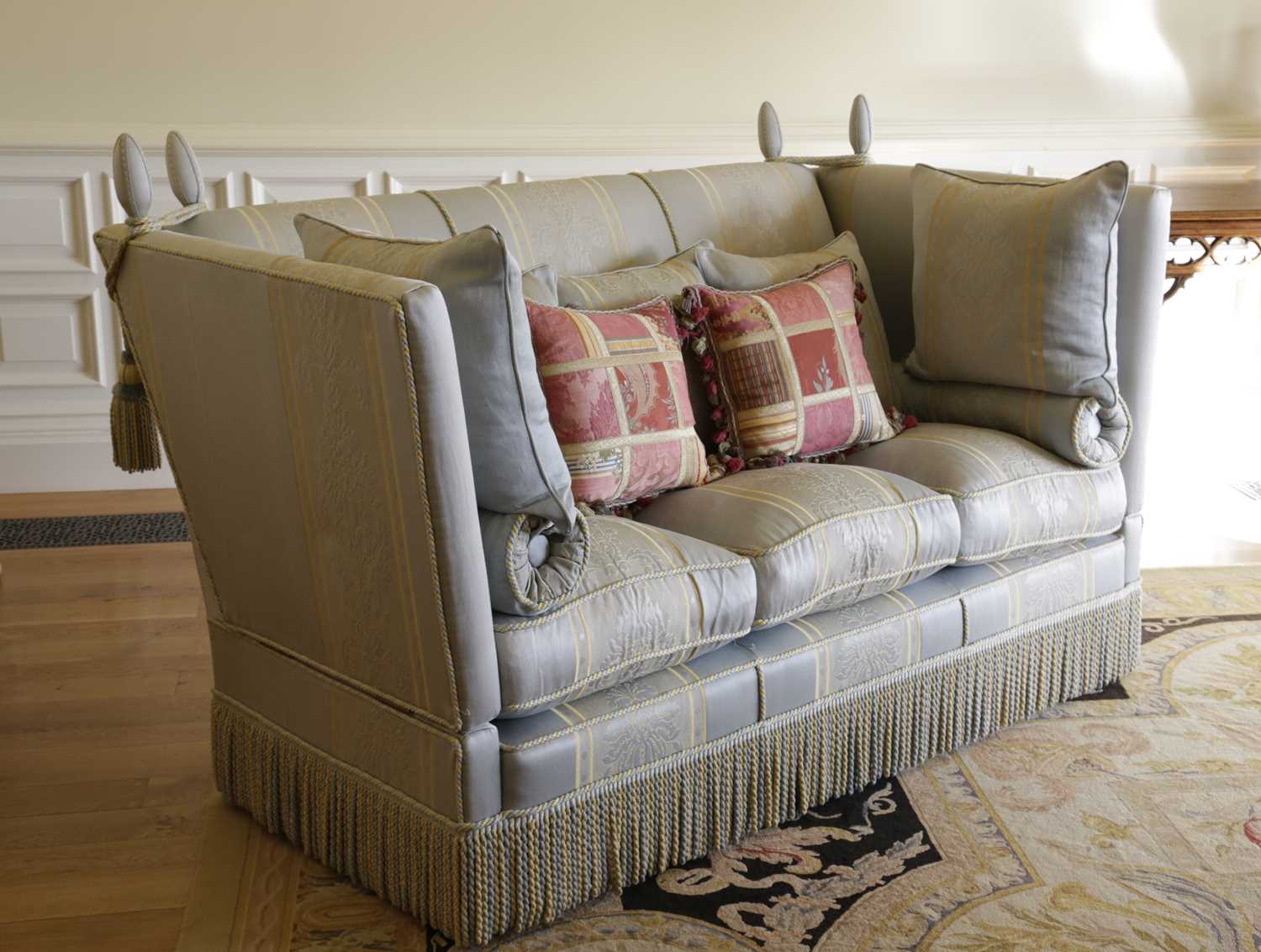 A PAIR OF KNOLE SOFAS BY PAUL HITCHINGS, MODERN each covered in pale blue and yellow silk damask, - Image 3 of 3