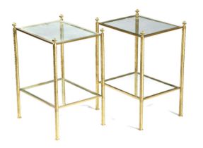 A PAIR OF GILT BRASS AND GLASS OCCASIONAL TABLES 20TH CENTURY each with two tiers and foliate