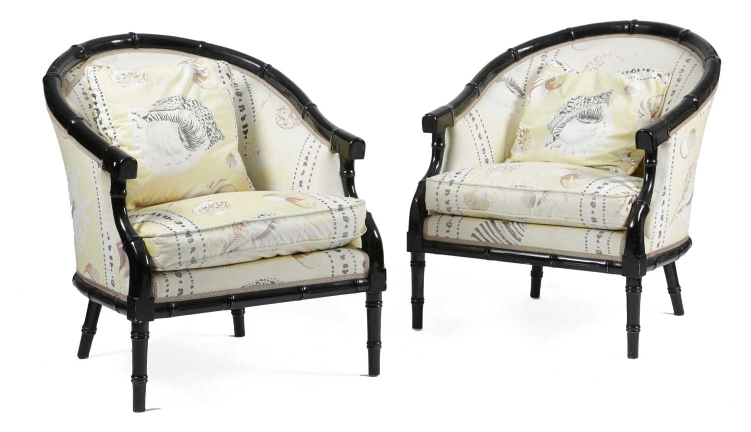 A PAIR OF BLACK LACQUER FAUX BAMBOO ARMCHAIRS LATE 20TH CENTURY upholstered with seashell cotton