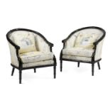 A PAIR OF BLACK LACQUER FAUX BAMBOO ARMCHAIRS LATE 20TH CENTURY upholstered with seashell cotton