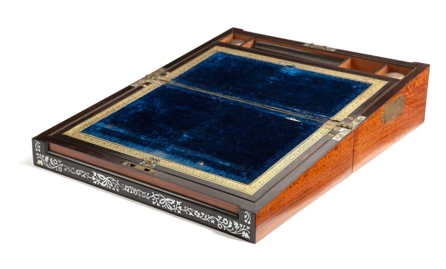 A VICTORIAN SATINWOOD, EBONY AND MOTHER OF PEARL WRITING SLOPE POSSIBLY ANGLO-INDIAN, MID-19TH