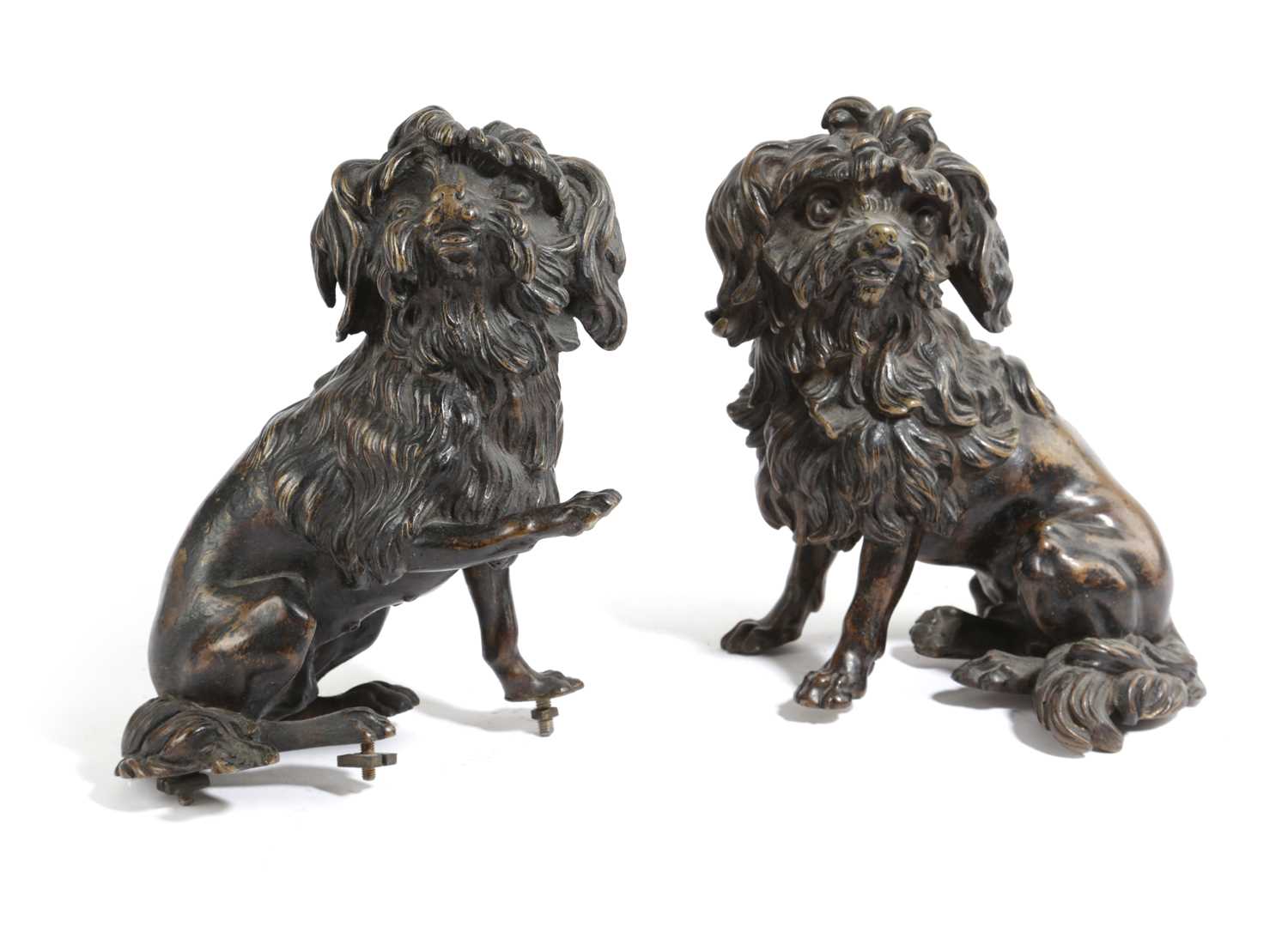 A PAIR OF FRENCH BRONZE FIGURES OF TERRIERS AFTER JEAN-JACQUES CAFFIERI, 19TH CENTURY seated, facing