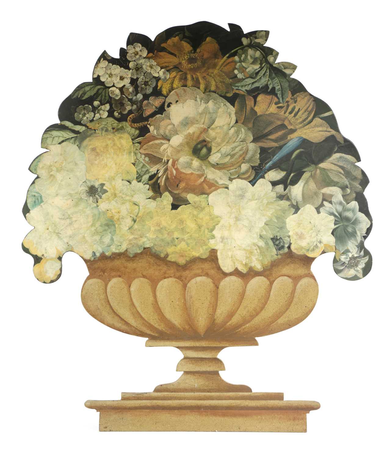 A FLORAL DUMMY BOARD IN VICTORIAN STYLE, 20TH CENTURY as a lobed vase of flowers with various