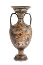 AN APULIAN RED FIGURE AMPHORA C.4TH CENTURY BC painted on one side with Eros seated on rocks and the