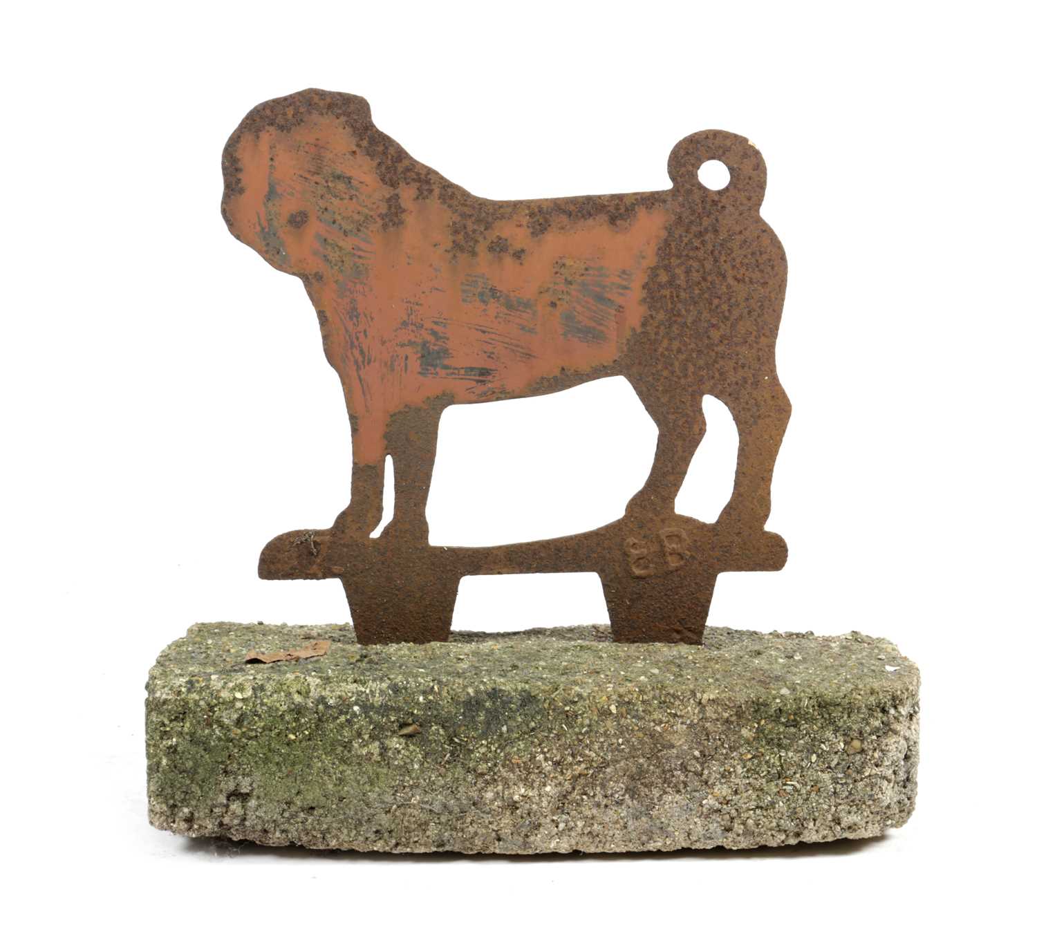 A FOLK ART IRON PUG DOG BOOT SCRAPER LATE 19TH / 20TH CENTURY later mounted on a concrete base