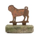 A FOLK ART IRON PUG DOG BOOT SCRAPER LATE 19TH / 20TH CENTURY later mounted on a concrete base