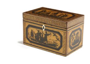 A REGENCY PENWORK TEA CADDY EARLY 19TH CENTURY decorated with chinoiserie figures and buildings, the