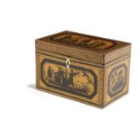 A REGENCY PENWORK TEA CADDY EARLY 19TH CENTURY decorated with chinoiserie figures and buildings, the