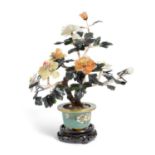 A CHINESE ENAMEL AND HARDSTONE JARDINIERE TREE GROUP LATE 19TH CENTURY the flowering tree with a