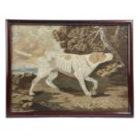 A REGENCY WOOLWORK PICTURE OF A POINTER EARLY 19TH CENTURY on the edge of woodland with a seascape