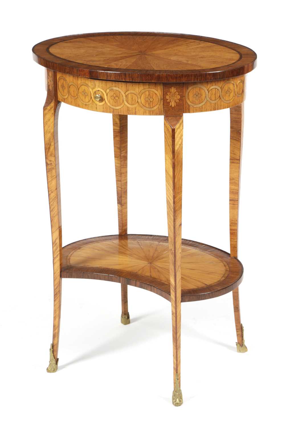 A FRENCH KINGWOOD AND MARQUETRY TABLE AMBULANTE LATE 18TH / EARLY 19TH CENTURY the oval top inlaid