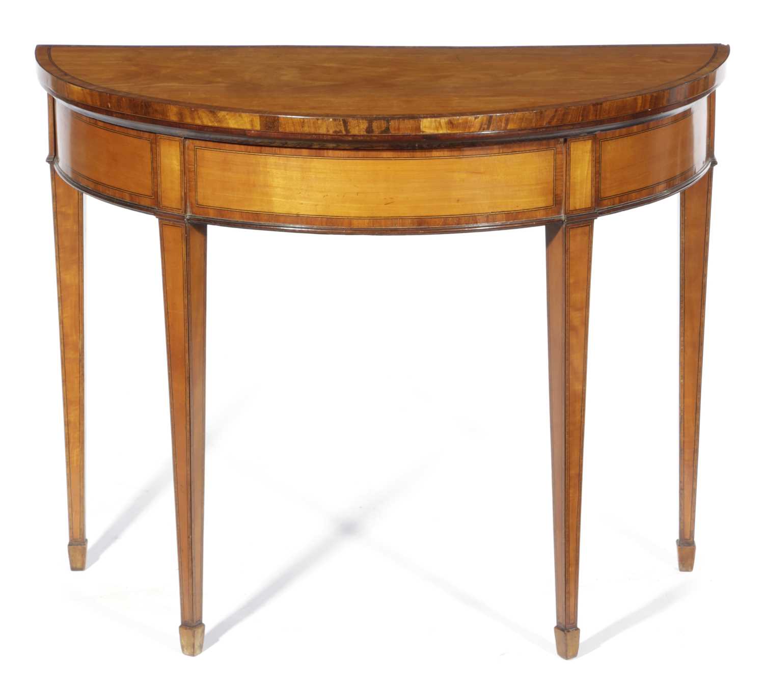 A SATINWOOD DEMI-LUNE CARD TABLE IN GEORGE III STYLE, 19TH CENTURY inlaid with stringing and