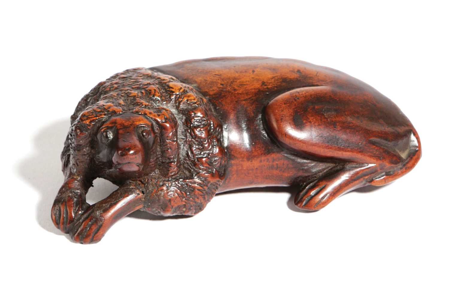 A RARE TREEN KING CHARLES SPANIEL SNUFF BOX EARLY 18TH CENTURY carved recumbent facing sinister,