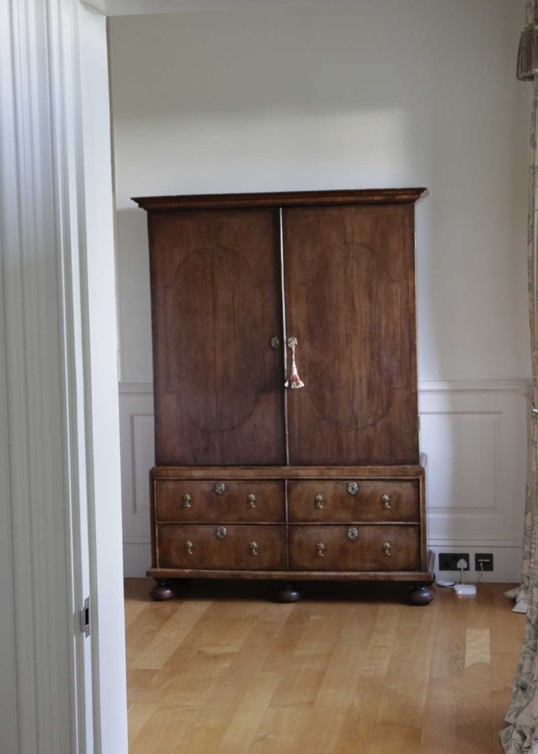 A QUEEN ANNE WALNUT ESTATE CUPBOARD C.1710 the moulded cornice above a pair of doors with oval - Image 2 of 2