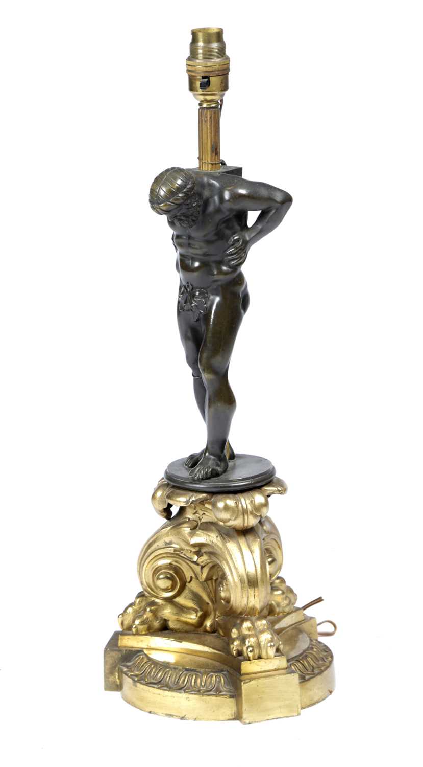 A GILT AND PATINATED BRONZE FIGURAL TABLE LAMP IN EMPIRE STYLE, MID-20TH CENTURY the bearded male