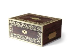 λ AN EARLY VICTORIAN ROSEWOOD AND BRASS INLAID JEWELLERY BOX MID-19TH CENTURY the cover with a