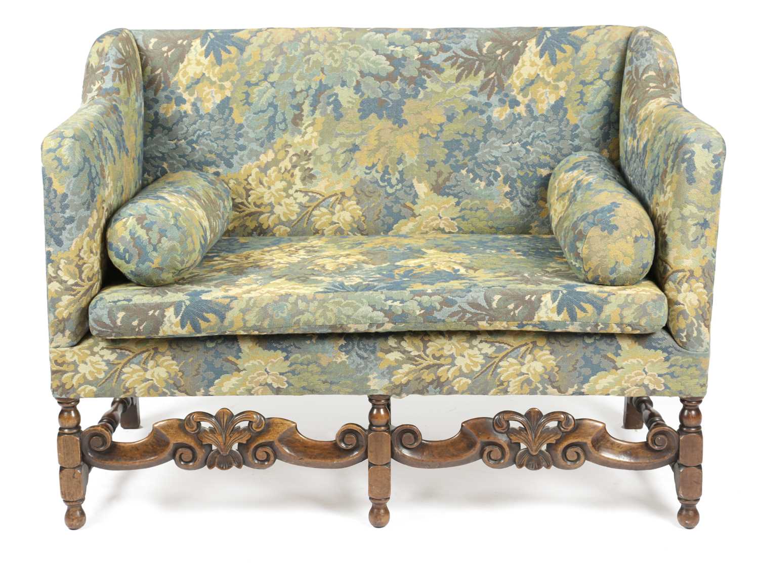 A WALNUT TWO SEATER SOFA IN WILLIAM AND MARY STYLE, LATE 19TH / EARLY 20TH CENTURY later covered