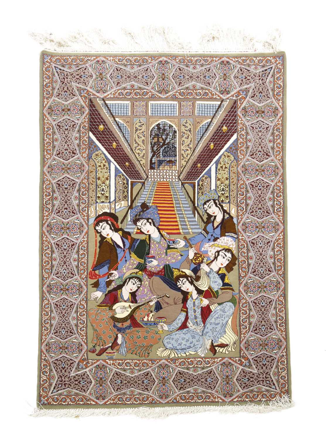 AN ISFAHAN PART SILK PICTORIAL RUG C.1970 the field depicting dancing ladies and musicians within